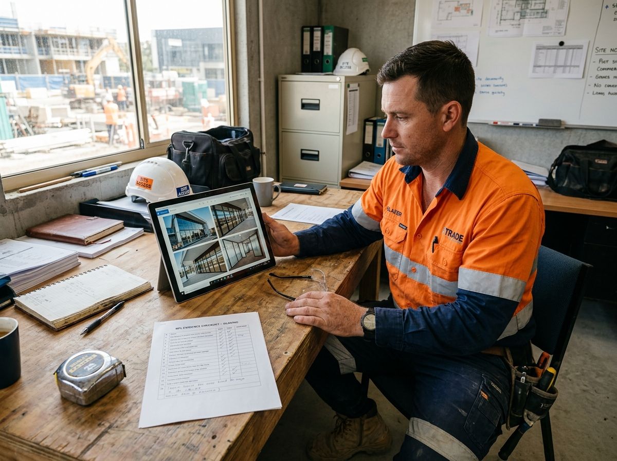 Glazier reviewing site photos on a tablet to prepare evidence for an RPL glazing assessment