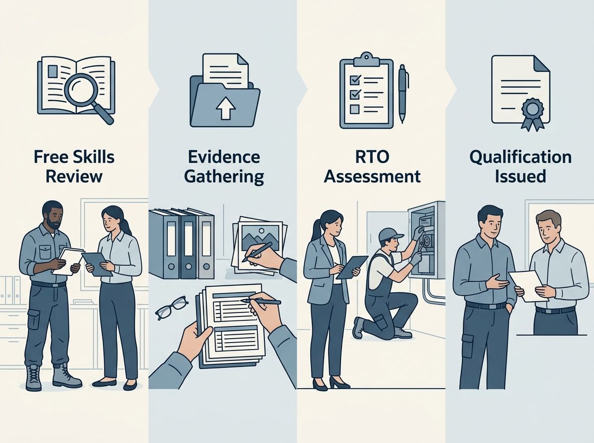 Four-step RPL pathway diagram: free skills review, evidence gathering, RTO assessment, qualification issued.