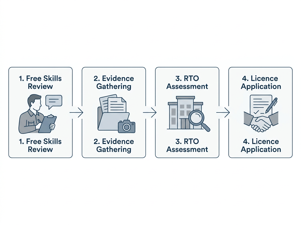 Four-step horizontal process diagram of the RPL pathway to a NSW plumbing contractor licence.