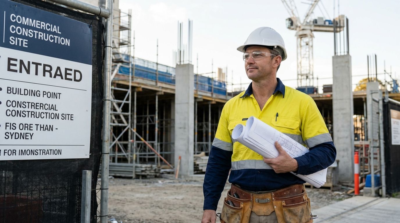 Experienced Australian carpenter in full PPE standing at a commercial construction site entrance