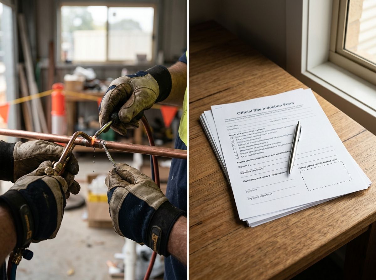 Split view of an ACT plumber working and a trade licence requirement document