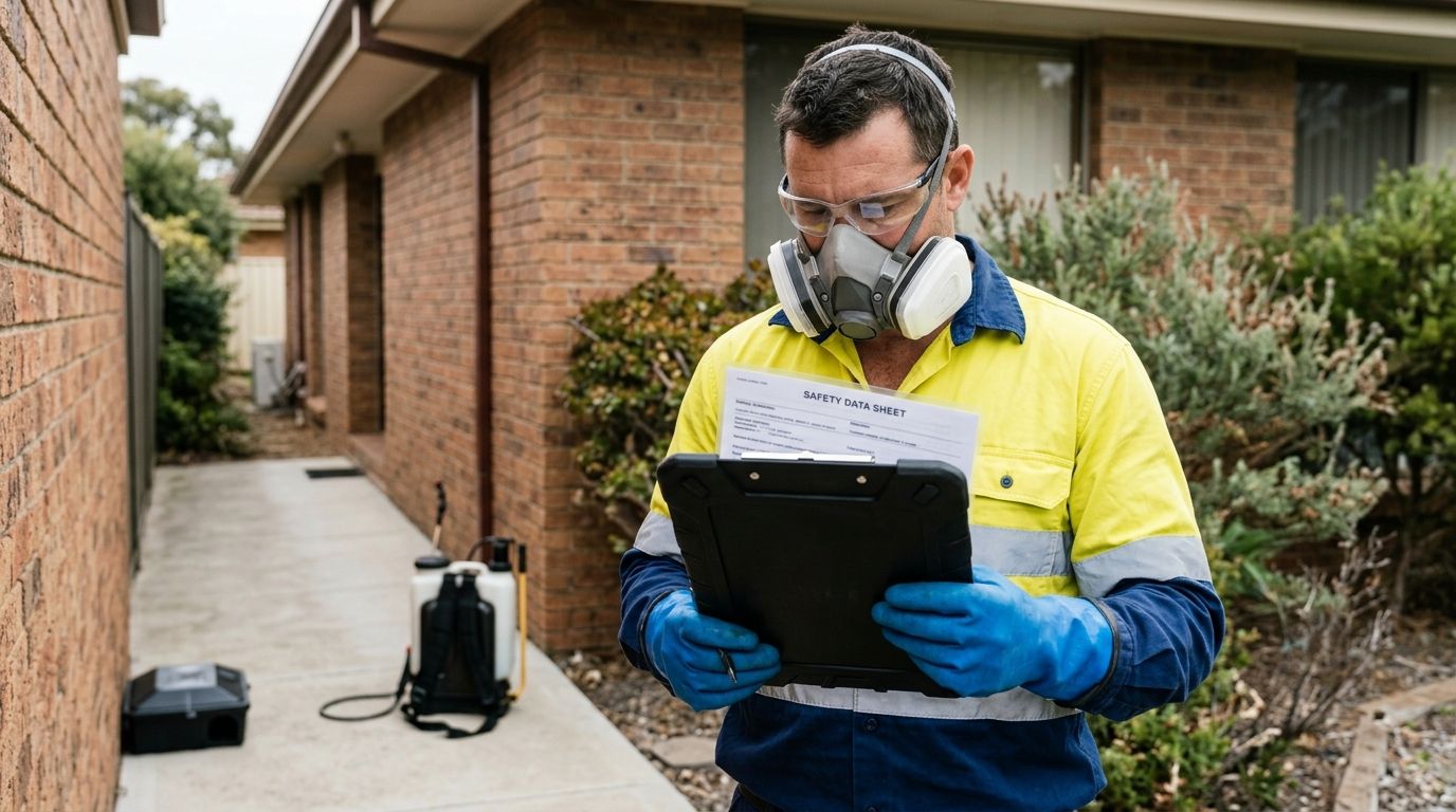Pest control technician wearing PPE and reviewing a treatment log in an Australian backyard.