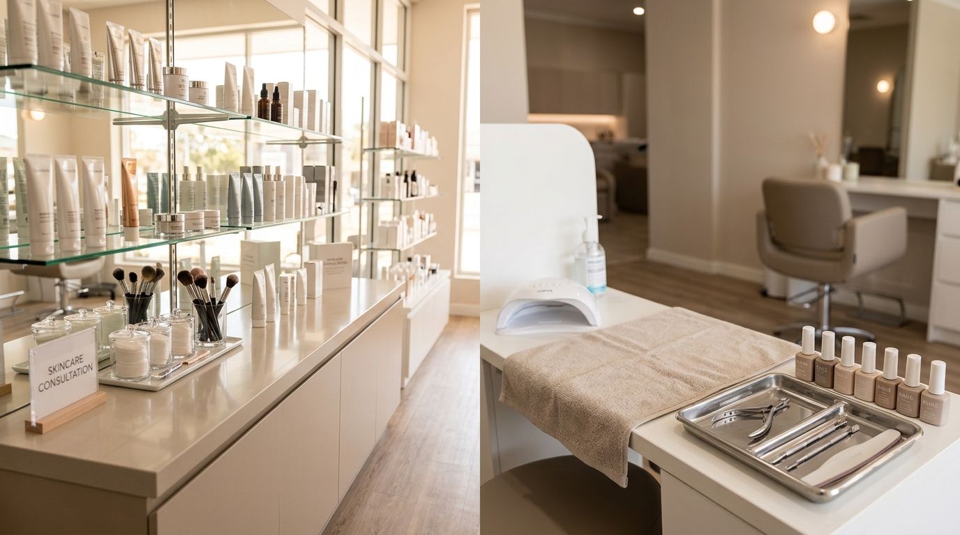 A professional retail cosmetics counter transitioning visually into a tidy nail technician workstation