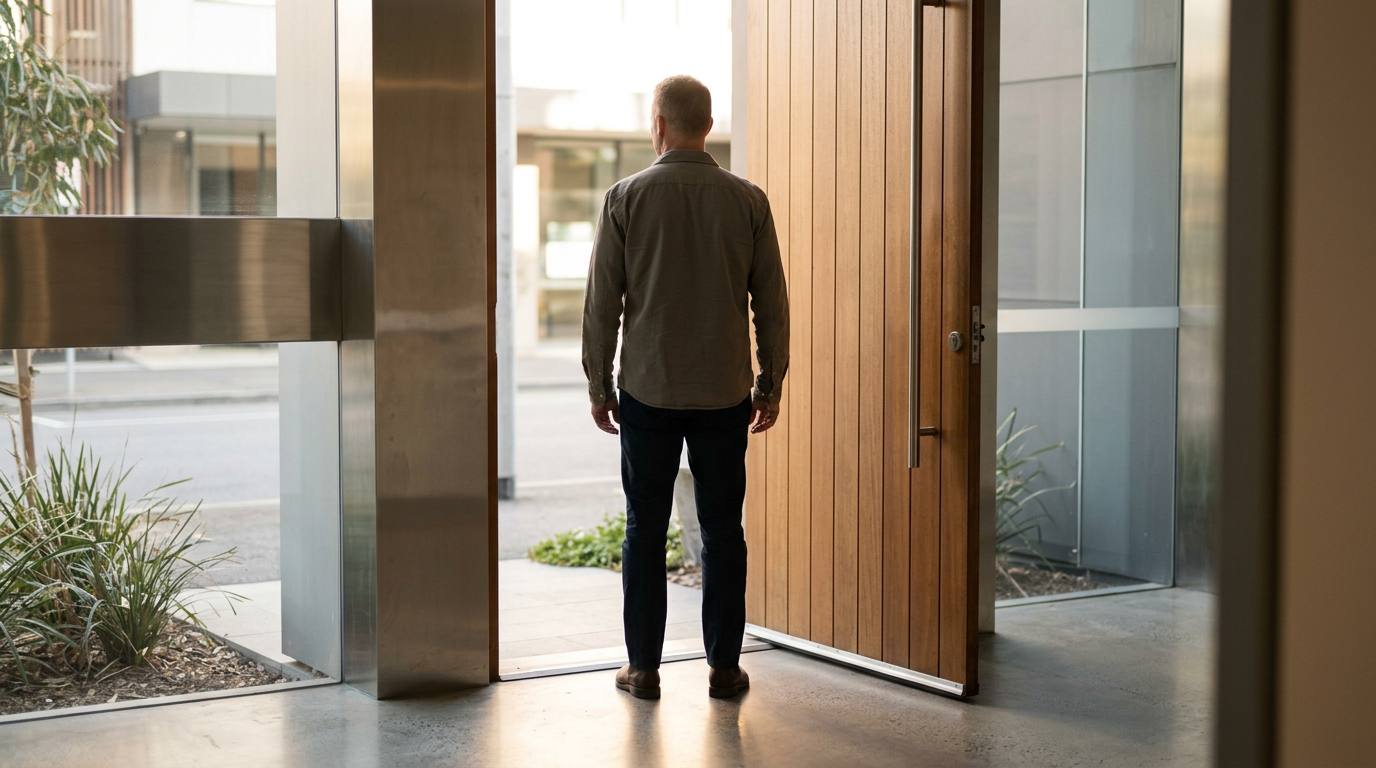 A person in civilian attire standing at a partially open door with warm natural light streaming in.