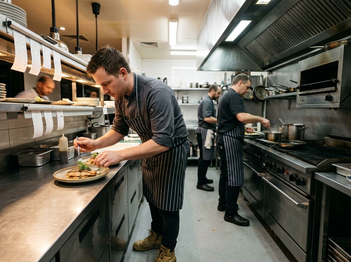 A professional cook plating meals at the pass of a busy commercial kitchen during dinner service.