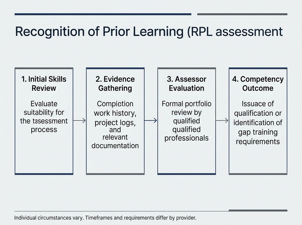 Four-step diagram showing the rigorous RPL assessment process from review to competency outcome.