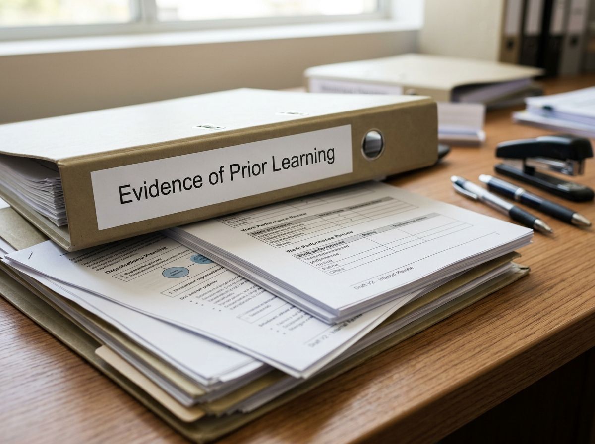 A close-up of professional workplace folders on a timber desk, labeled as evidence for RPL.