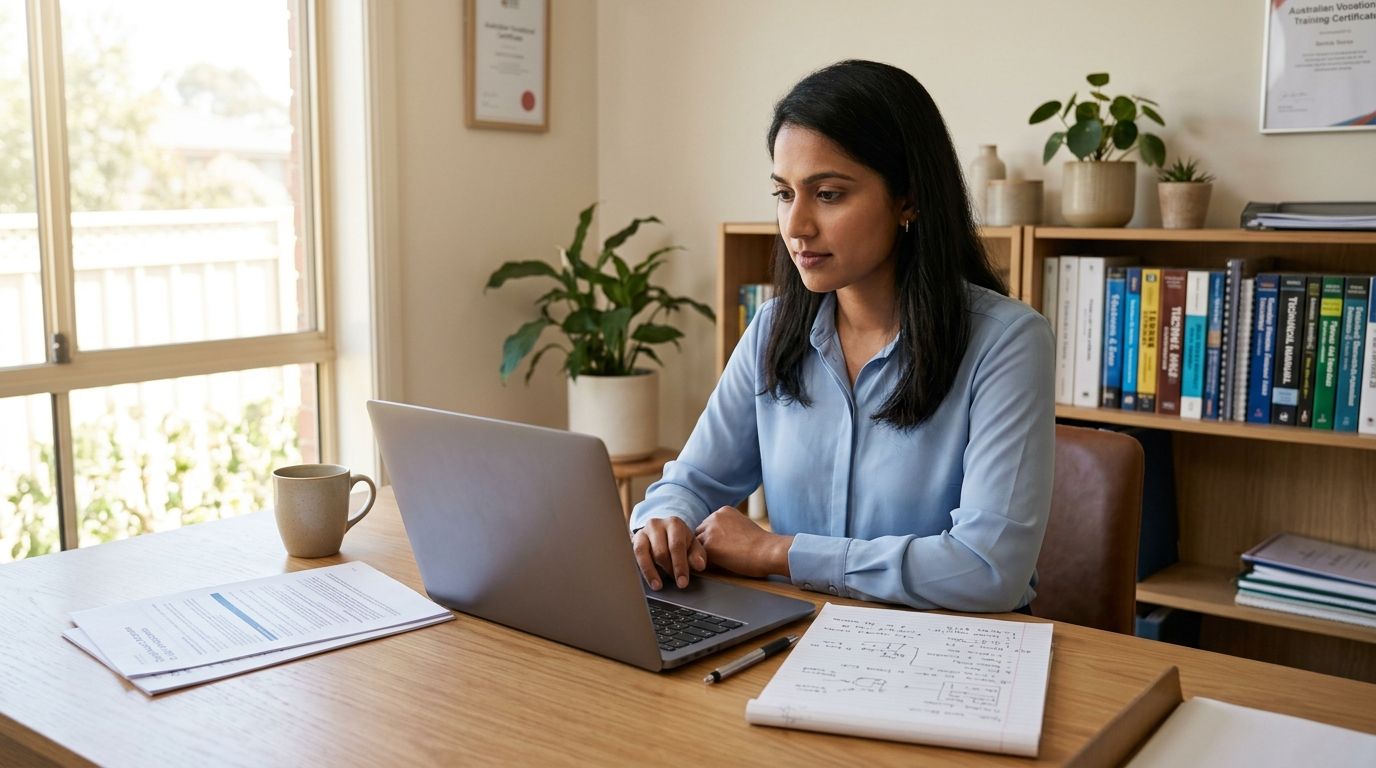 A skilled professional researching RPL options on her laptop with documents in a home office