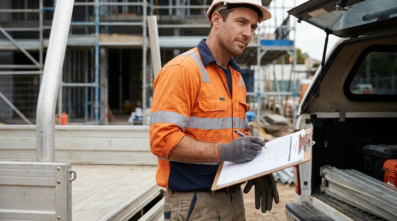 Australian tradesperson on-site reviewing a checklist for RPL skill assessment.