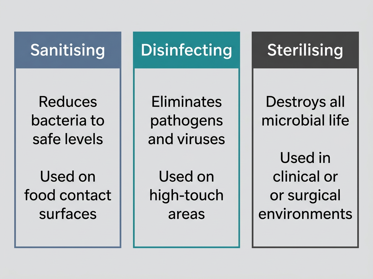 A comparison graphic distinguishing between sanitising, disinfecting, and sterilising in professional cleaning.