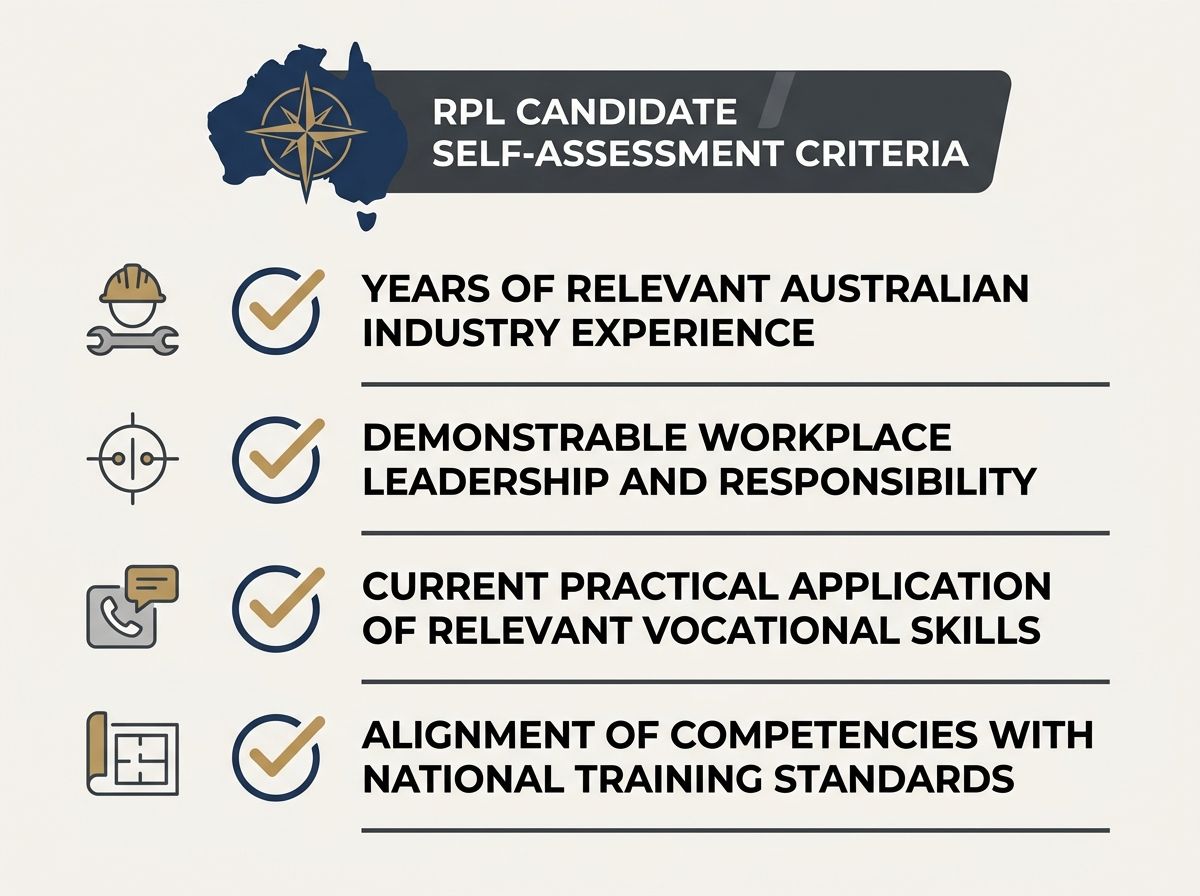 A minimalist checklist showing standard criteria for an RPL certificate assessment suitability.