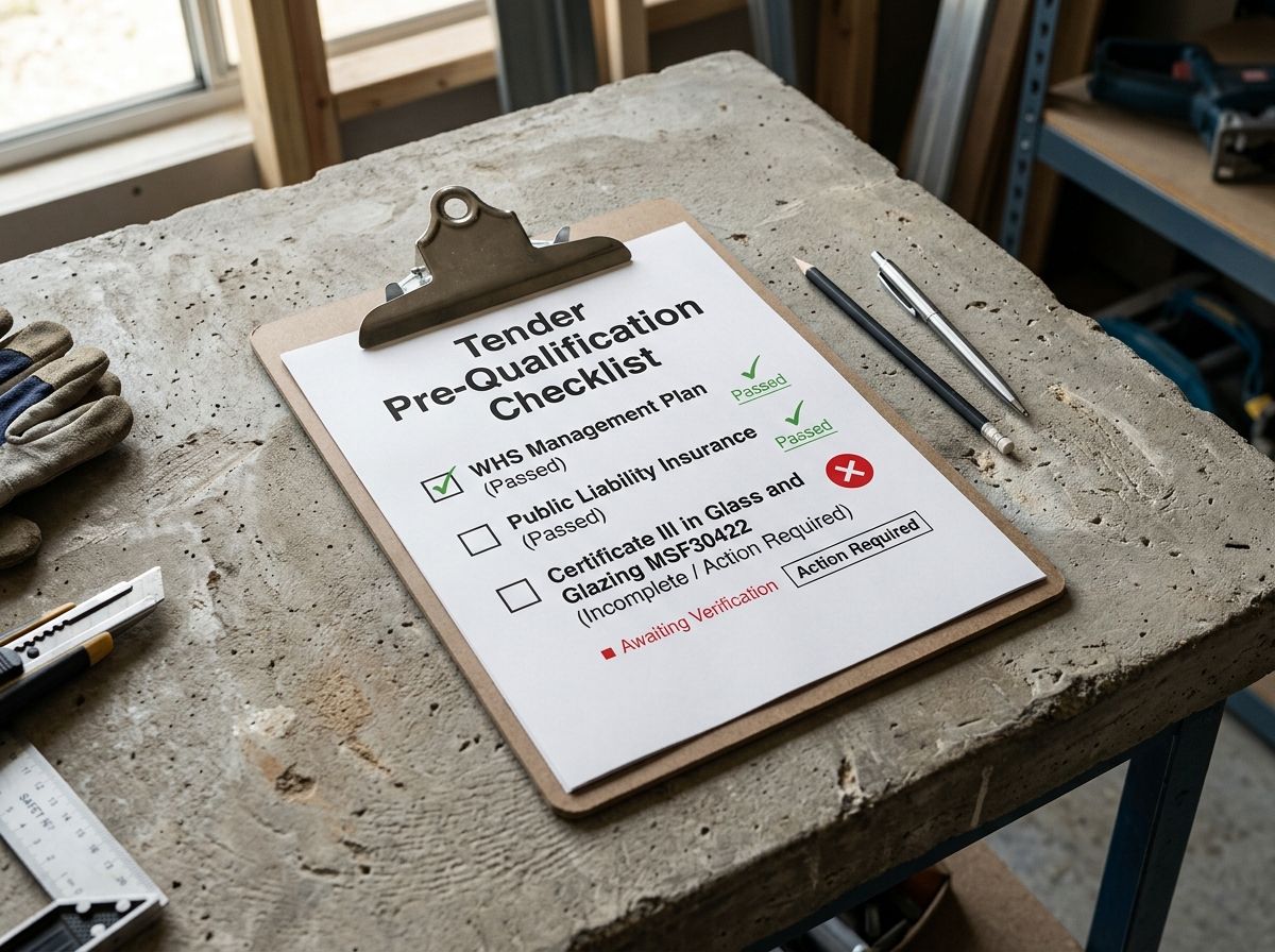Tender pre-qualification checklist graphic showing Certificate III in Glass and Glazing as an action item.