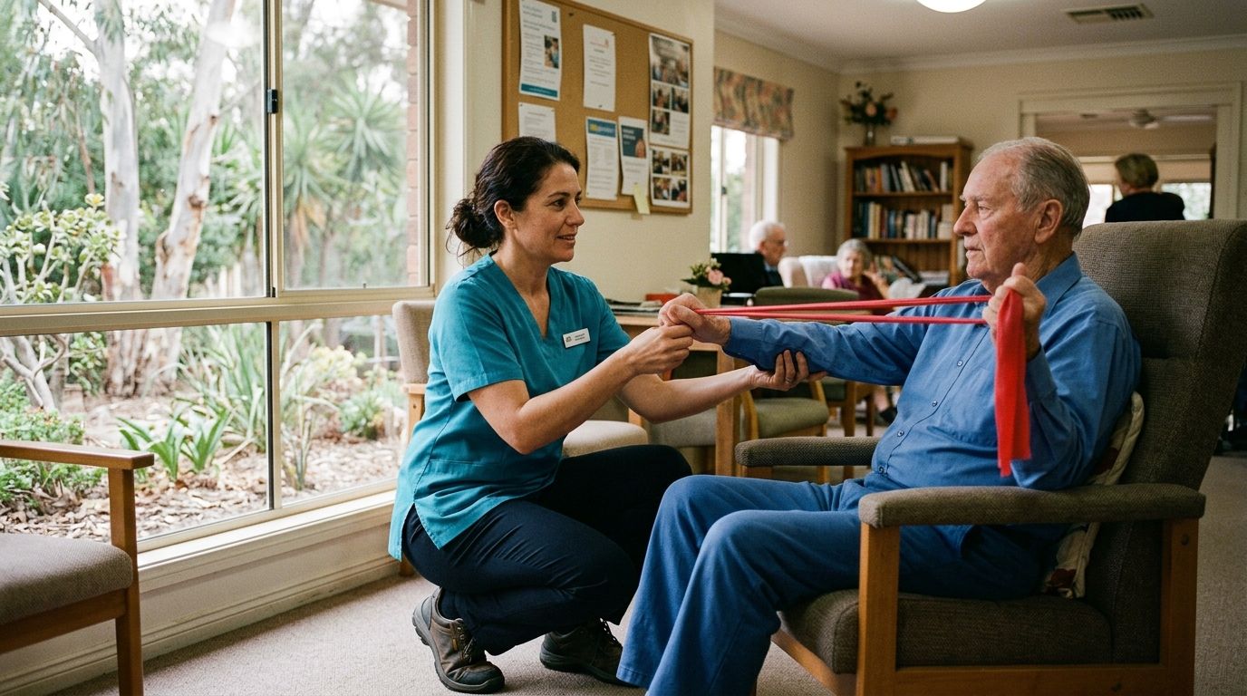 A care worker guides an elderly resident through a mobility exercise in an Australian aged care home.