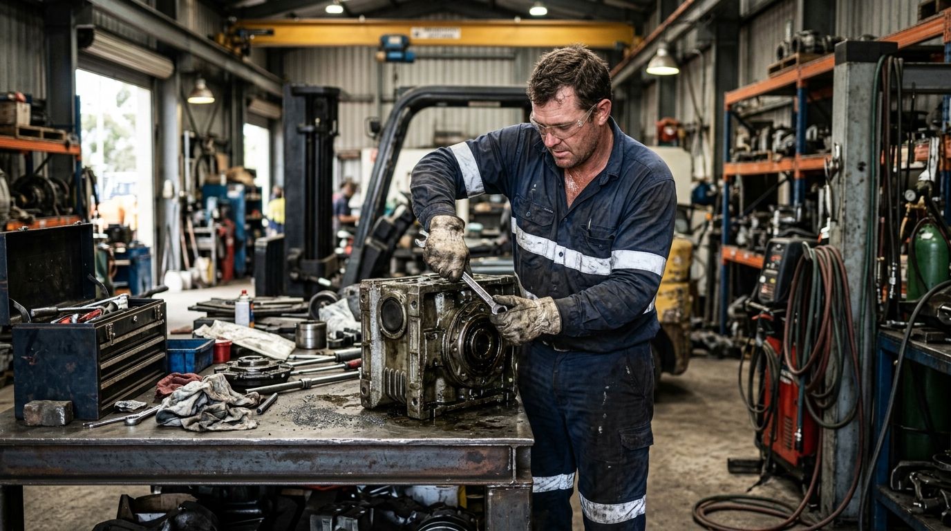 An experienced Australian mechanical fitter working on an industrial gearbox in a workshop.