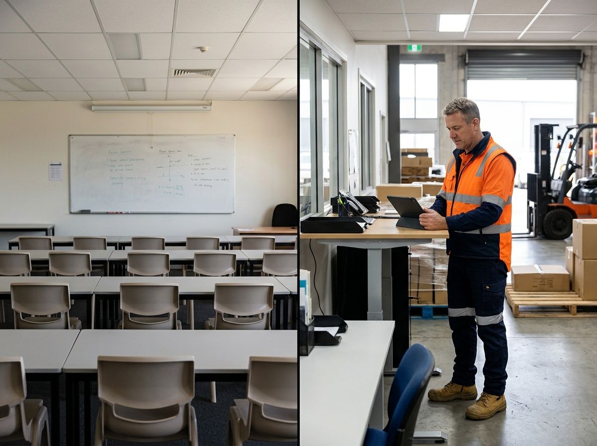 Split panel showing empty classroom versus an active supervisor demonstrating real competency