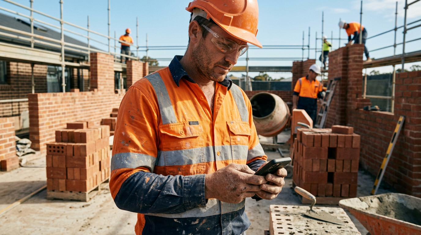 An experienced Australian bricklayer in hi-vis on-site, looking at his phone with a thoughtful expression.