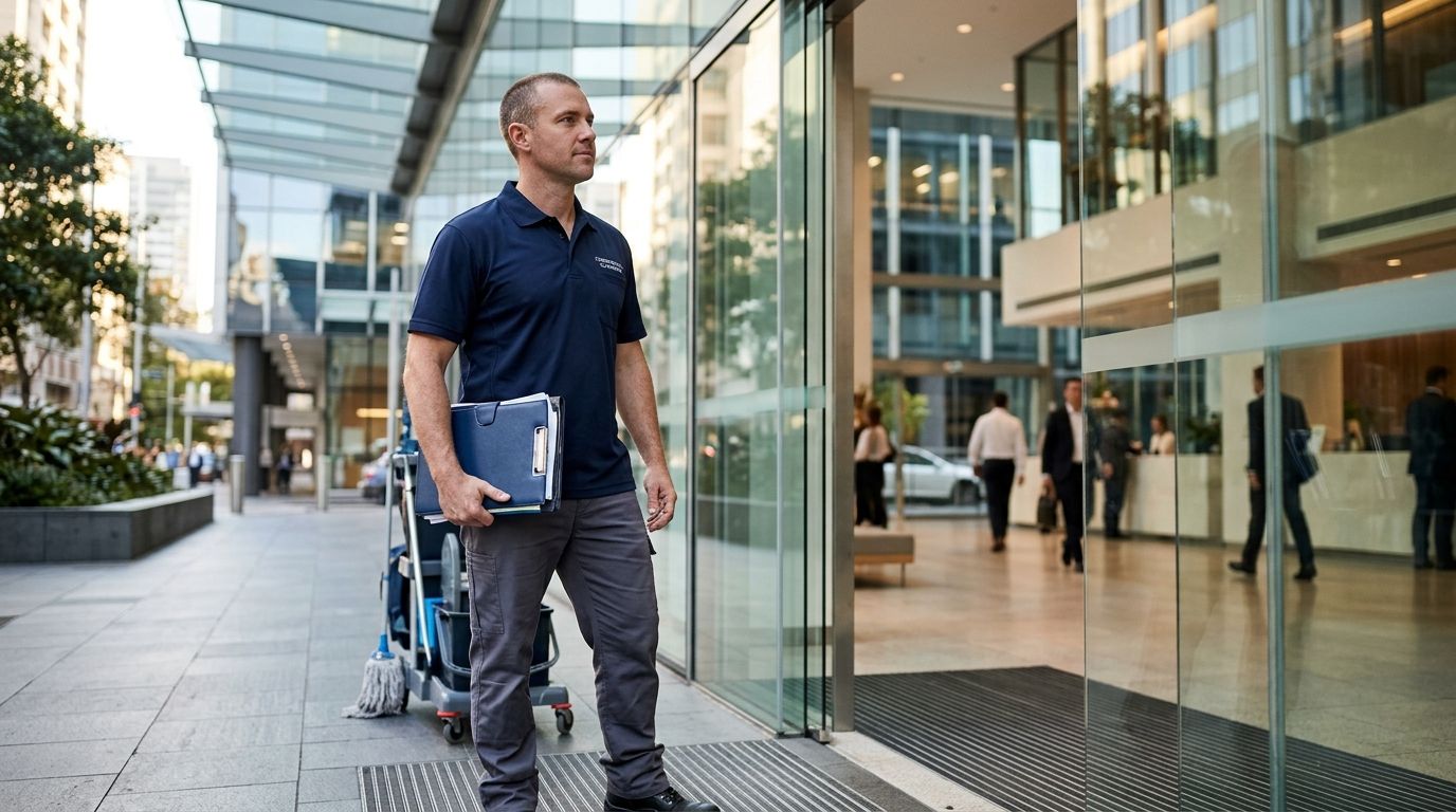 Commercial cleaning professional at a building entrance, representing the pathway from cleaner to supervisor.