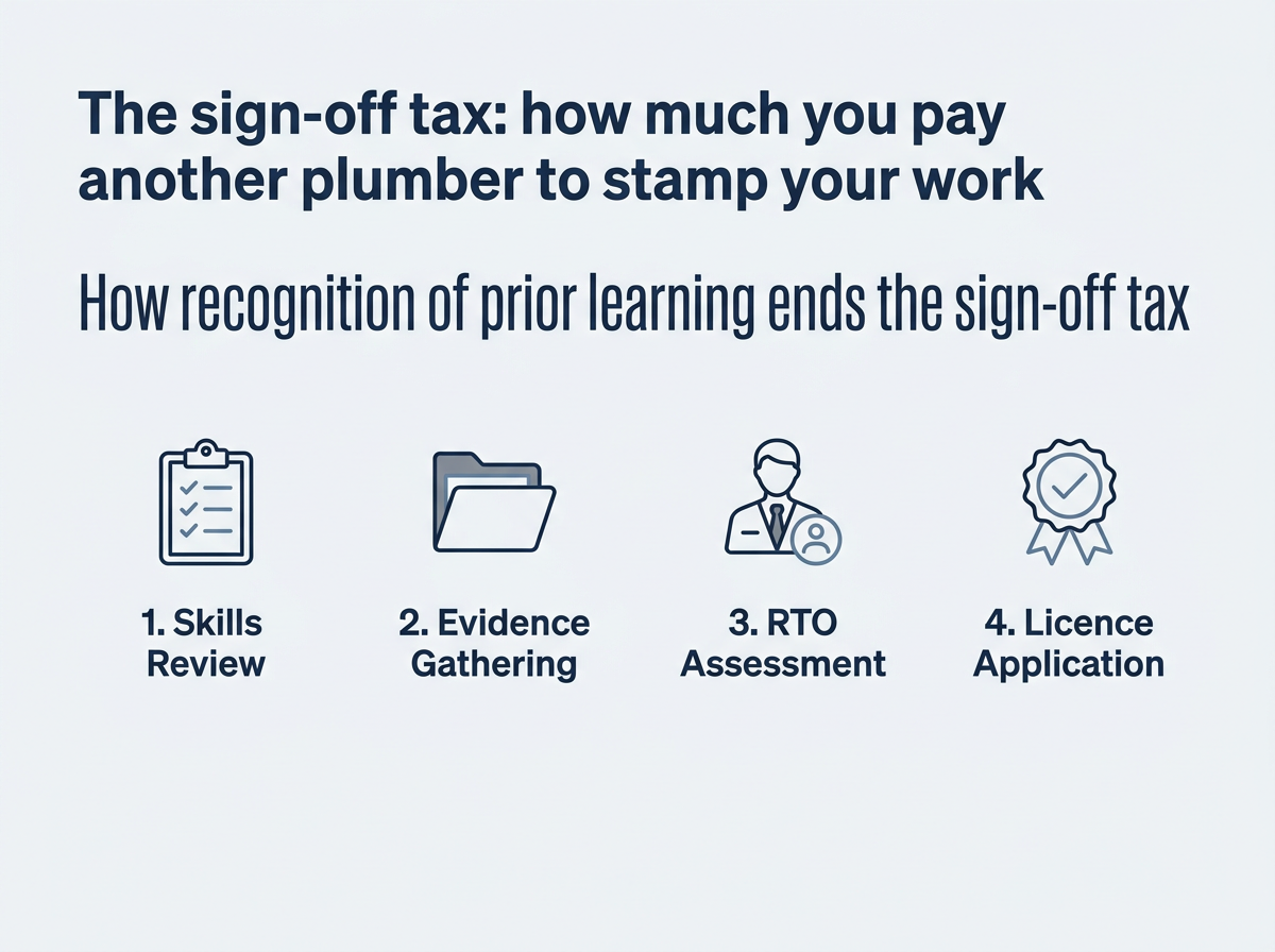 The 4-step RPL process for a plumbing licence: skills review, evidence gathering, RTO assessment, and application.