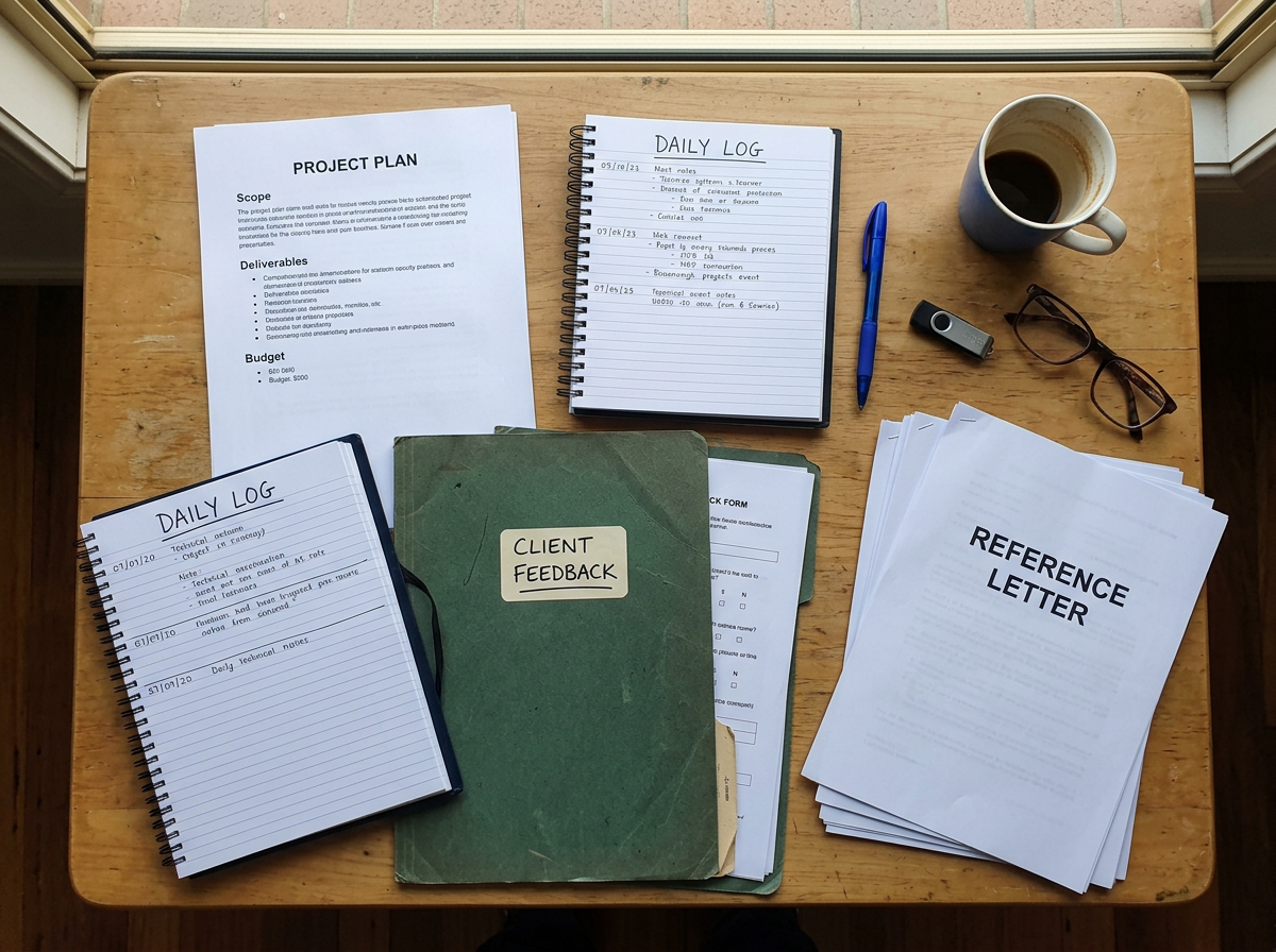 A realistic collection of RPL evidence items including reference letters, contracts, and project logs on a desk.