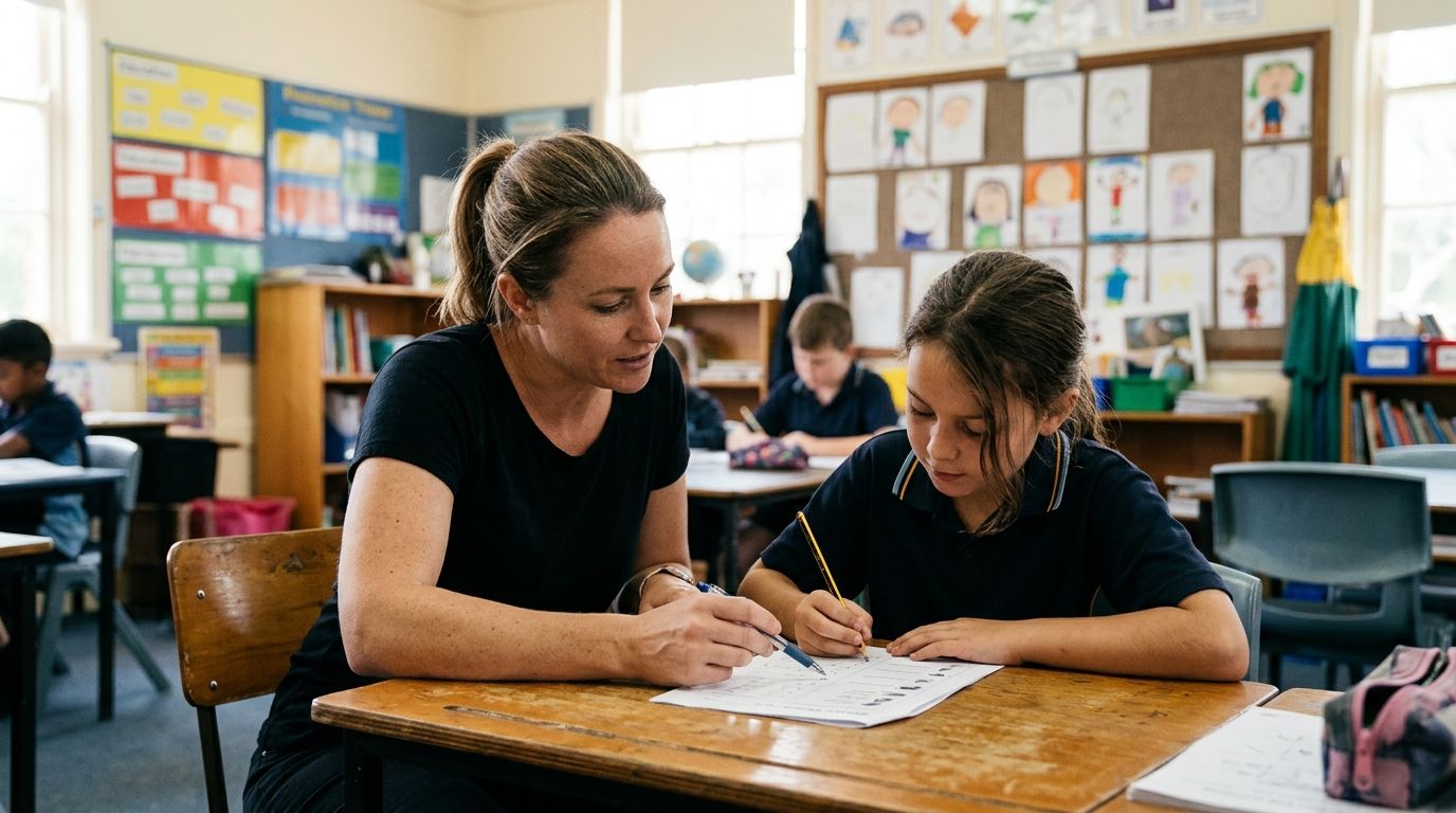 Australian education support worker assisting a primary school student at a classroom desk
