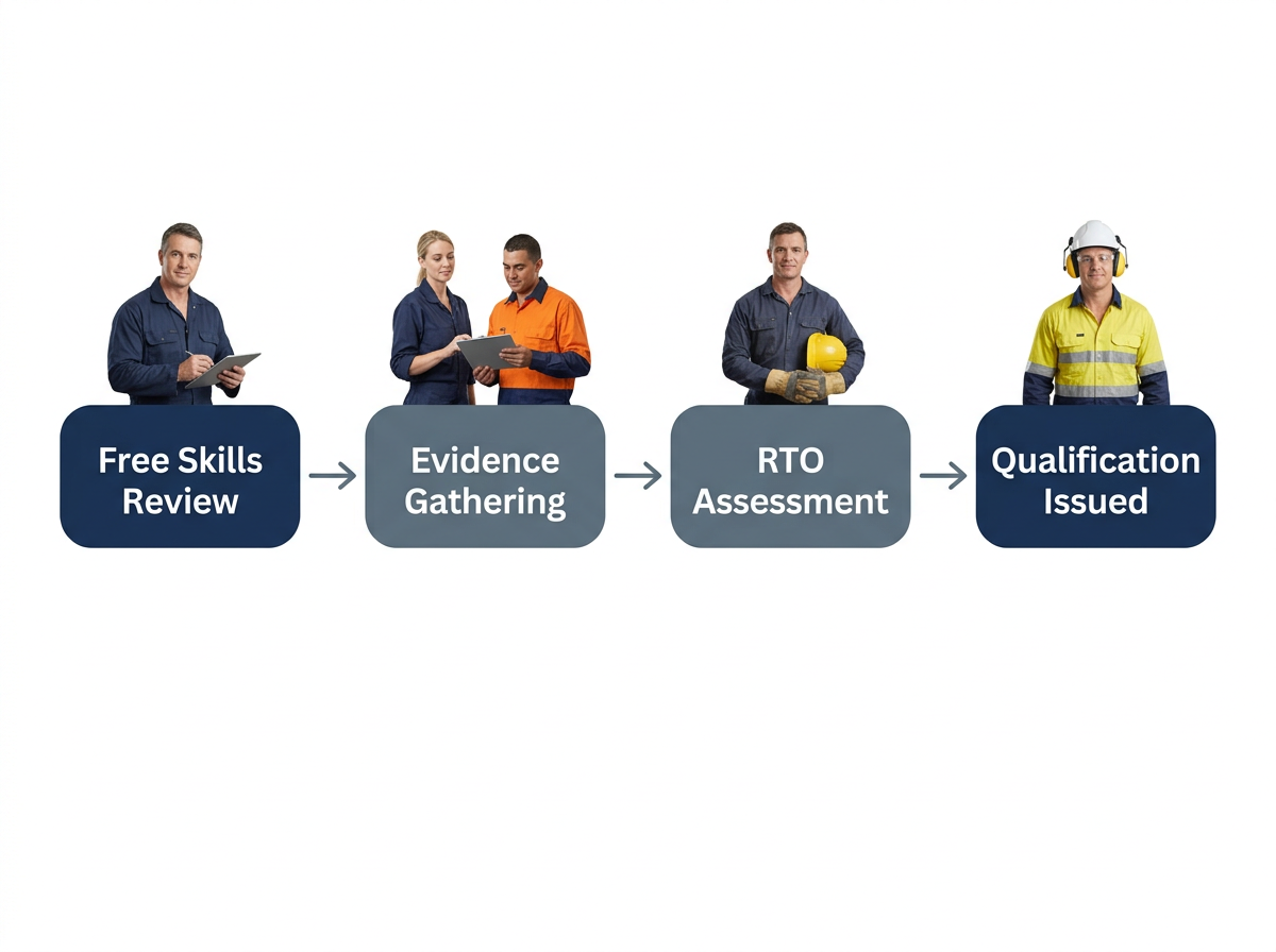 Four-step RPL process flowchart: Free Skills Review, Evidence Gathering, RTO Assessment, and Qualification.