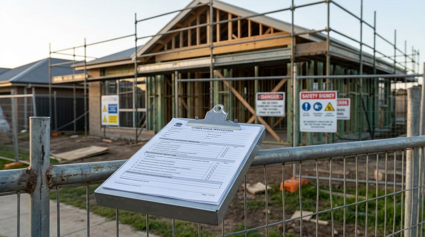 Active NSW home construction site with a compliance checklist on a clipboard in the foreground.