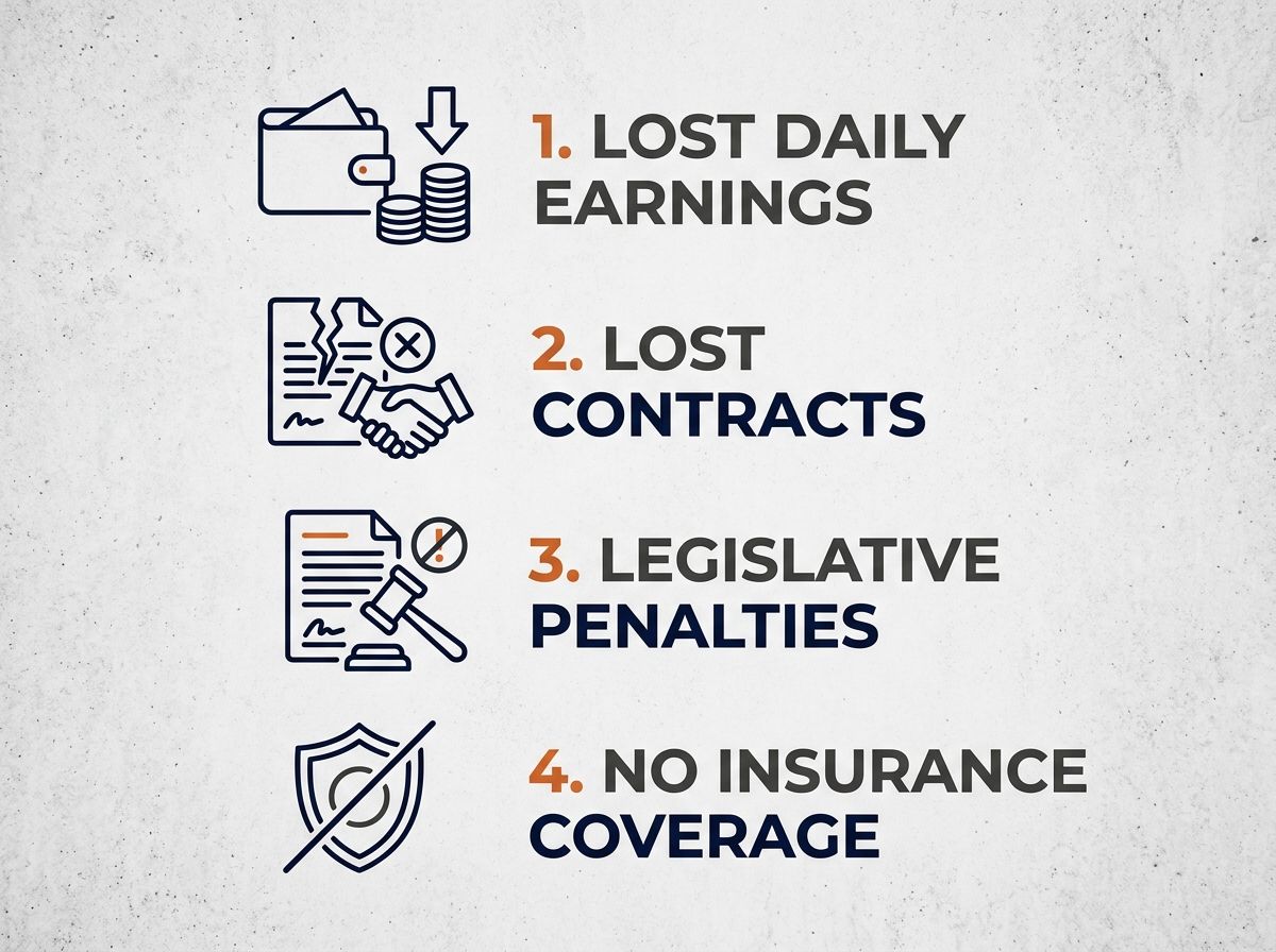 Graphic outlining the four real costs of working unlicensed: lost earnings, lost contracts, penalties, and no insurance.