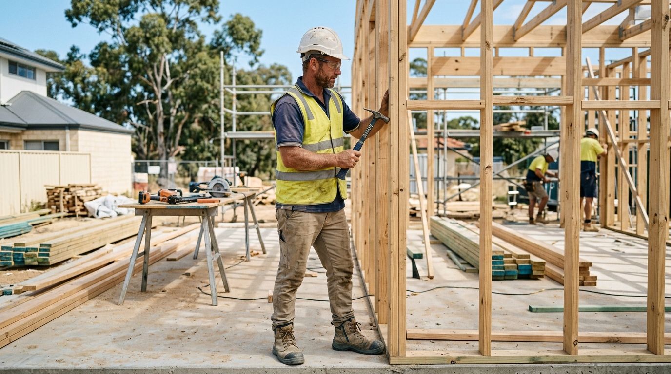 Experienced Australian carpenter in high-vis vest and safety gear working on a residential construction site.