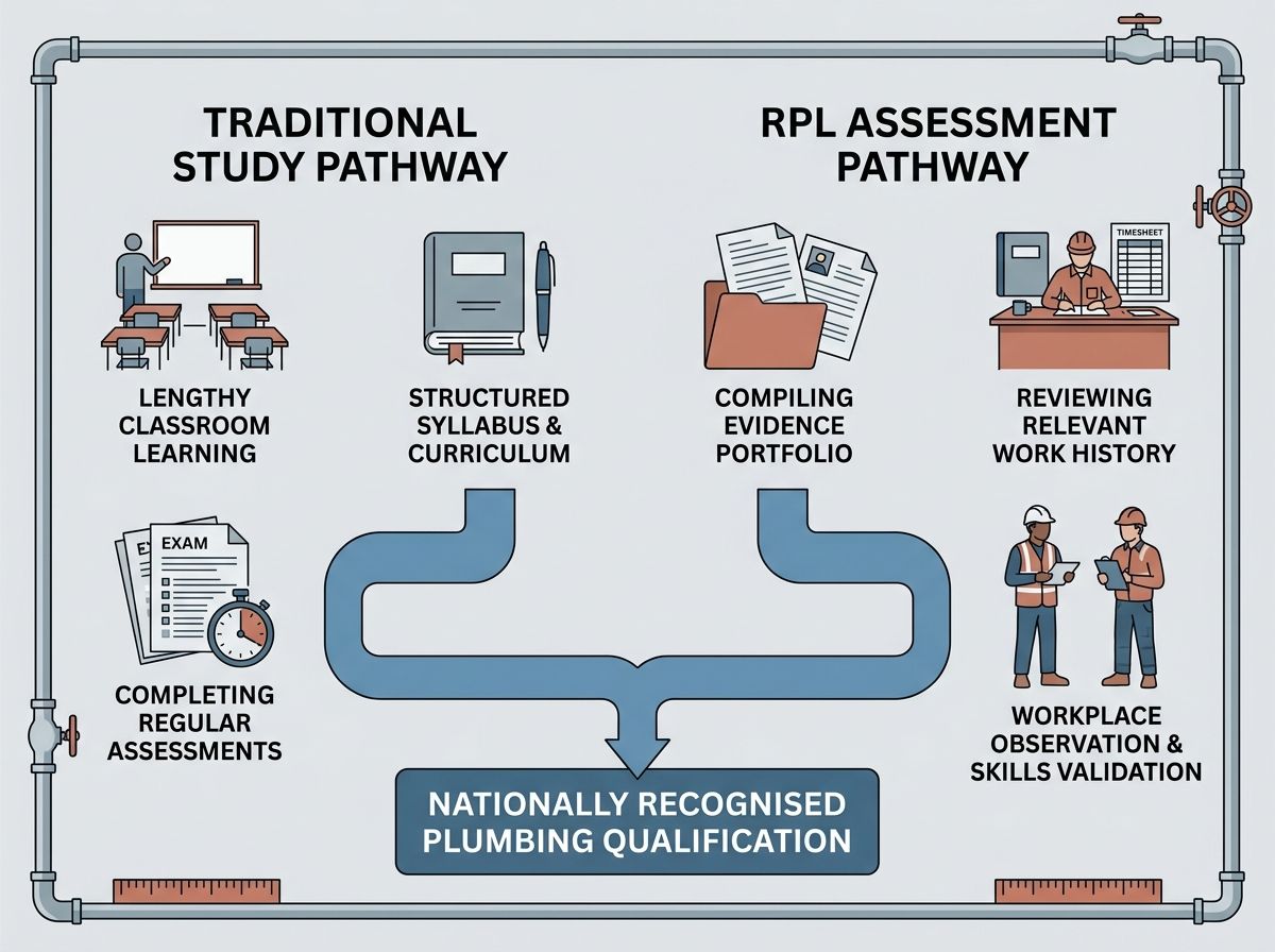 Infographic comparing Traditional Study and RPL assessment pathways to a plumbing qualification.