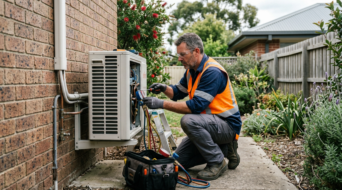 Experienced HVAC technician servicing an outdoor split system compressor unit on a suburban Australian home