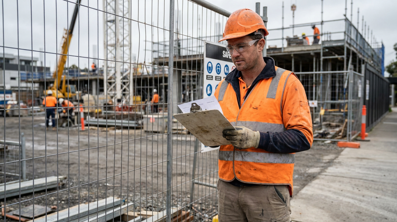 Experienced Australian tradesperson in high-vis work wear reviewing a site induction document at a construction entrance.