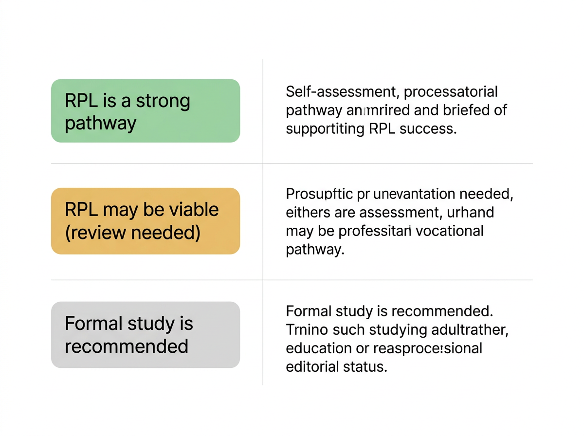 Self-assessment results summary: three pathways based on your answers — RPL viable, RPL possible with review, or formal stud…