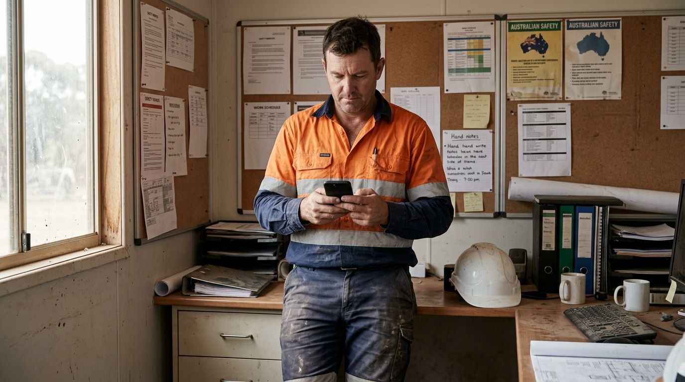 Experienced Australian tradesperson in high-vis workwear reviewing an official workplace notification in a site office.