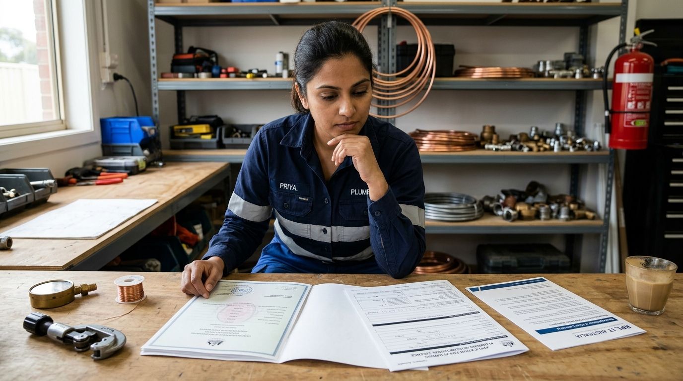 Overseas-trained plumber comparing overseas qualification certificate with ACT plumbing licence application documents