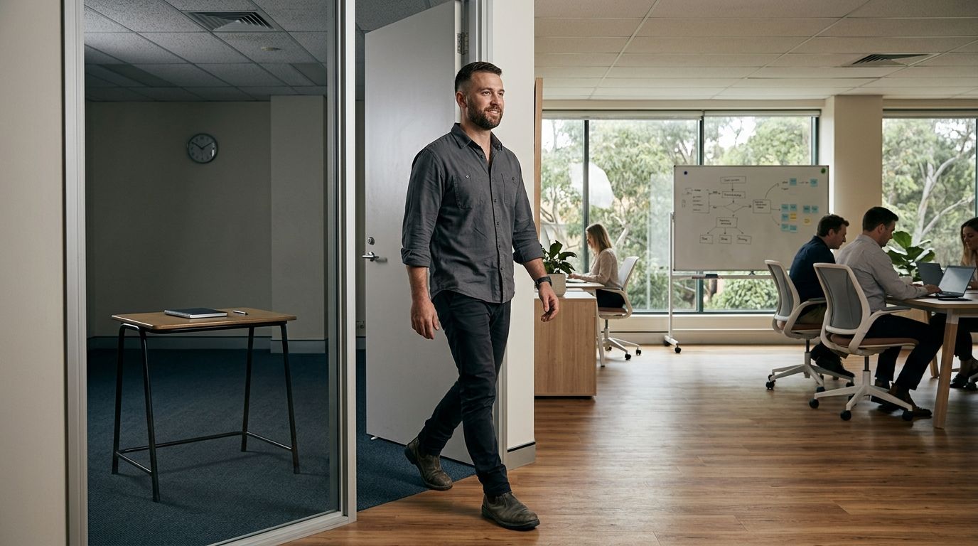 A professional standing at an open office door transitioning from a dark exam-style room into a bright room with natural lig…