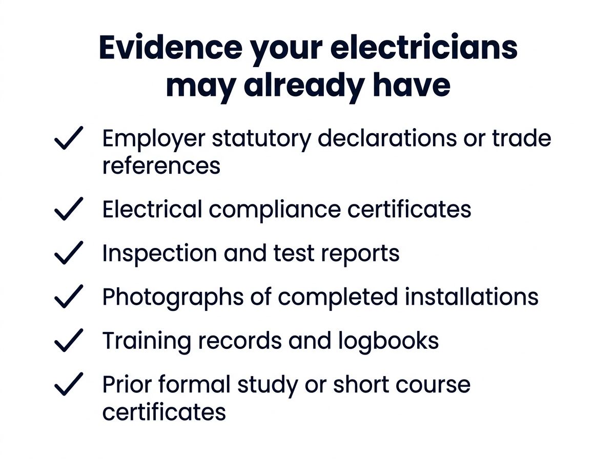 Checklist of evidence types for UEE30820 electrician RPL assessment including compliance certificates and employer references