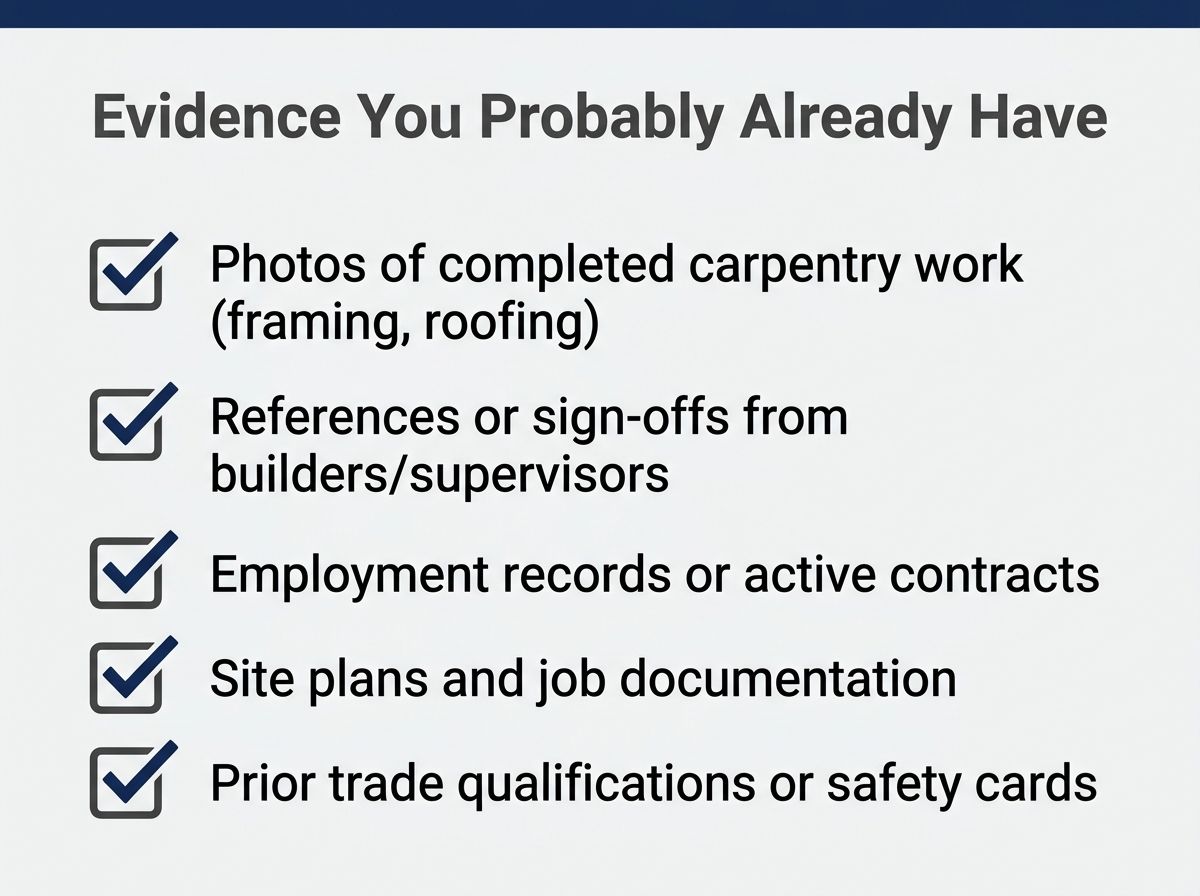 RPL evidence checklist showing types of evidence accepted for Certificate III in Carpentry