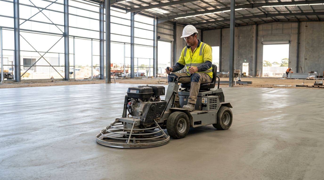 Experienced Australian concreter operating a ride-on power float on a commercial concrete slab