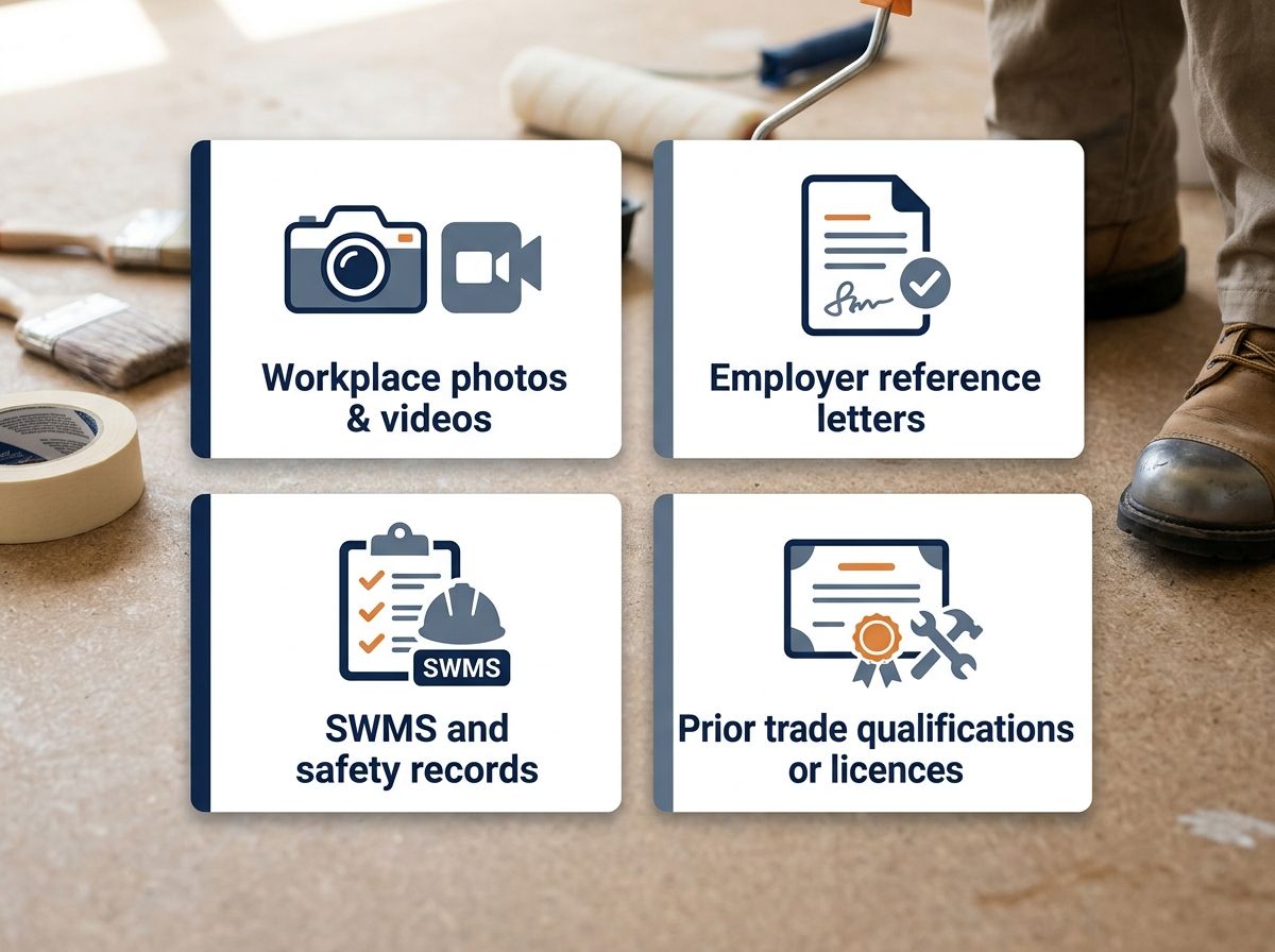 Types of workplace evidence required for a painting and decorating RPL portfolio.