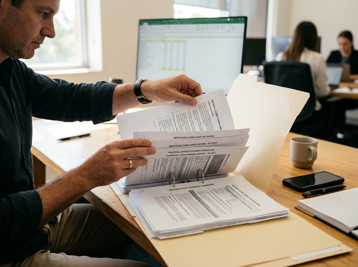 Finance professional organizing a structured evidence portfolio of documents on a desk for RPL assessment.