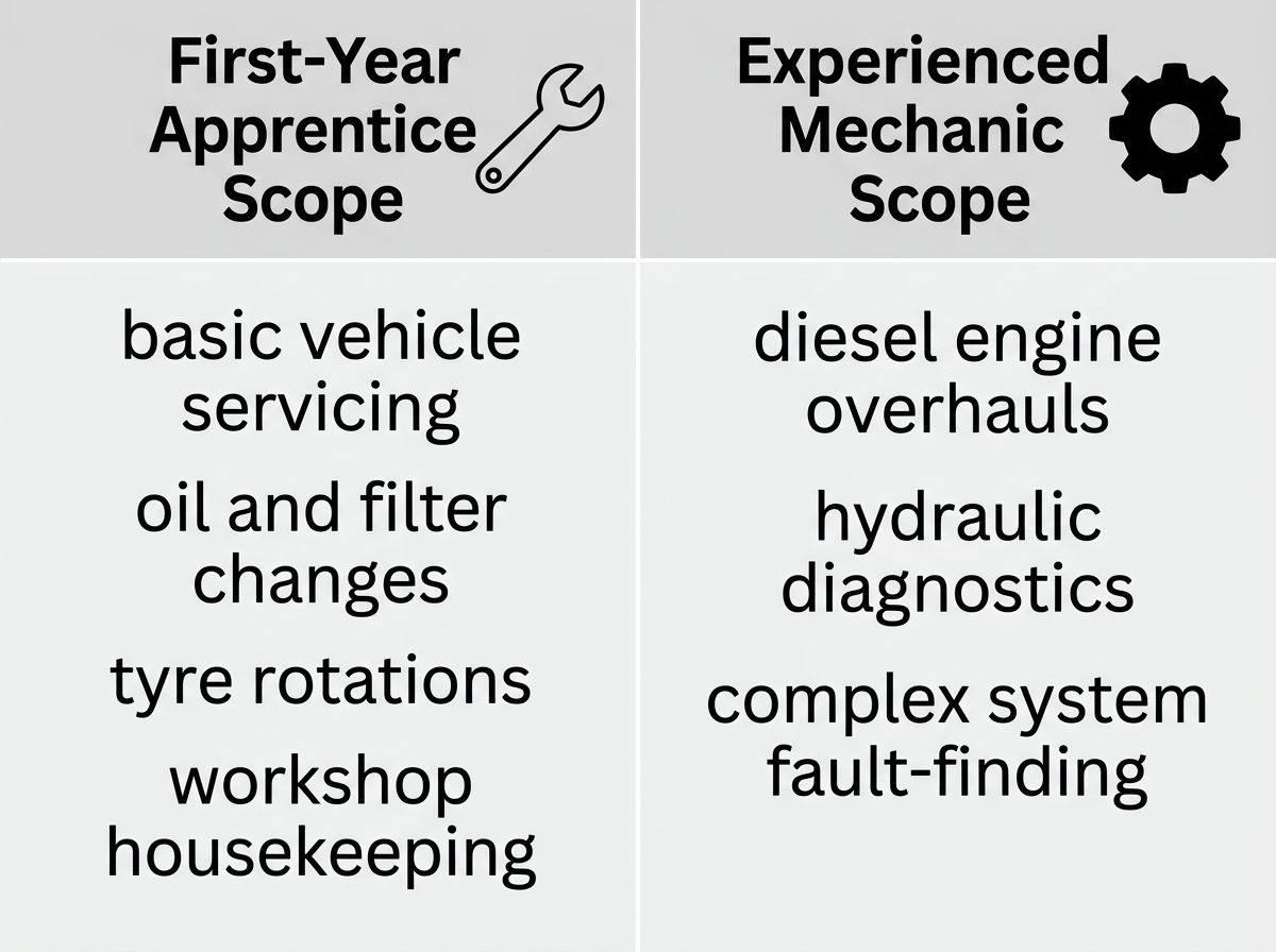 Table comparing basic light vehicle apprentice tasks with advanced heavy diesel mechanic competencies.