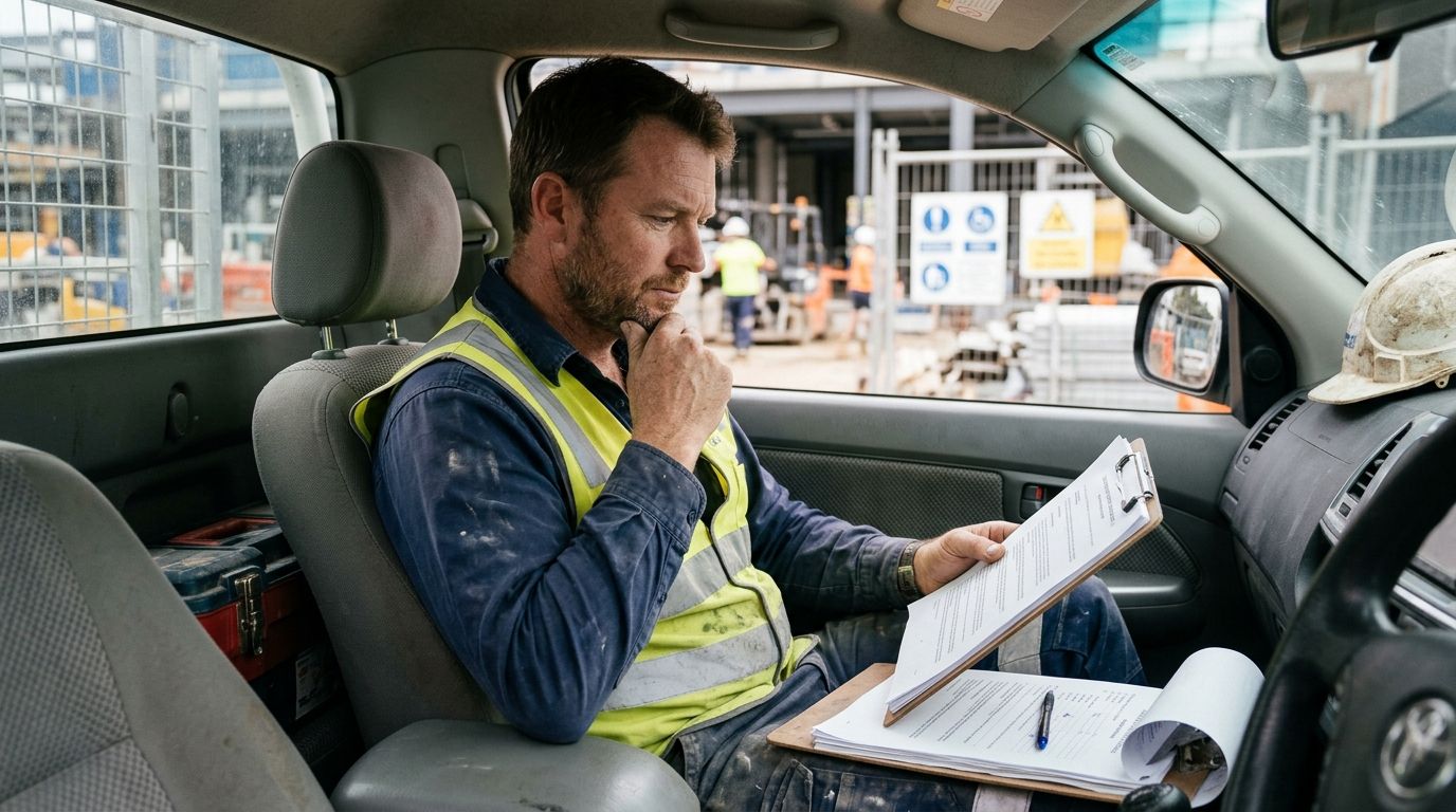 An experienced Australian plumber looking at a contract document in a work setting.