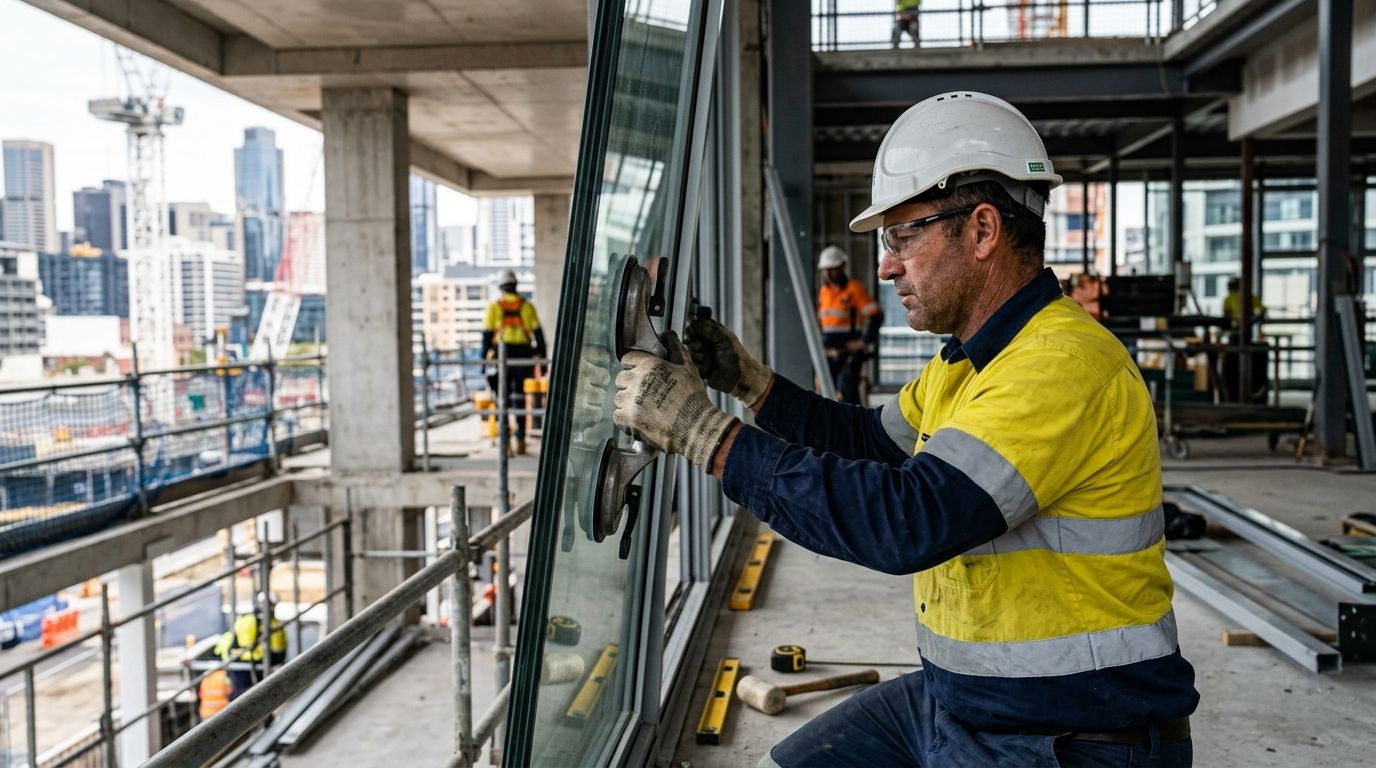 Experienced glazier in high-vis workwear installing a large glass panel on a NSW site.