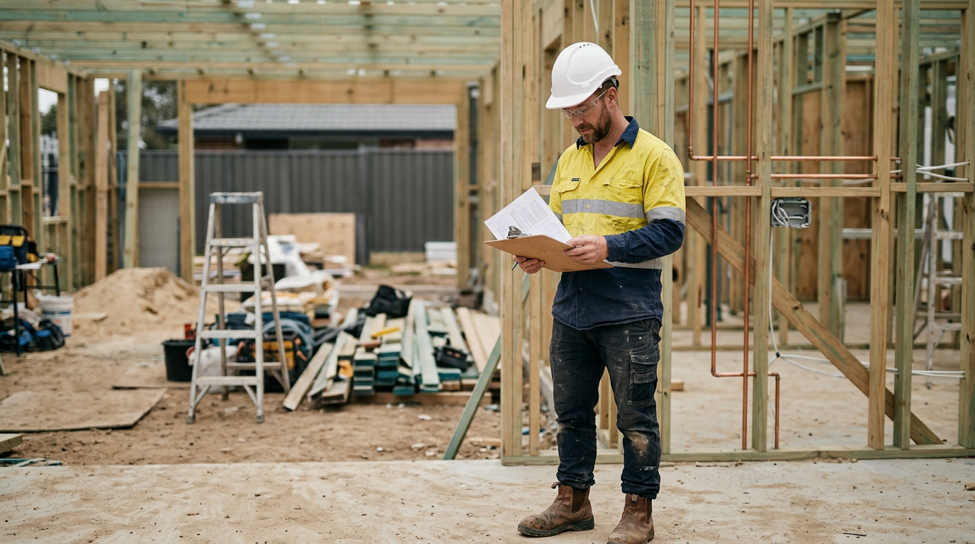 Australian tradesperson reviewing licensing documentation on a realistic residential work site.