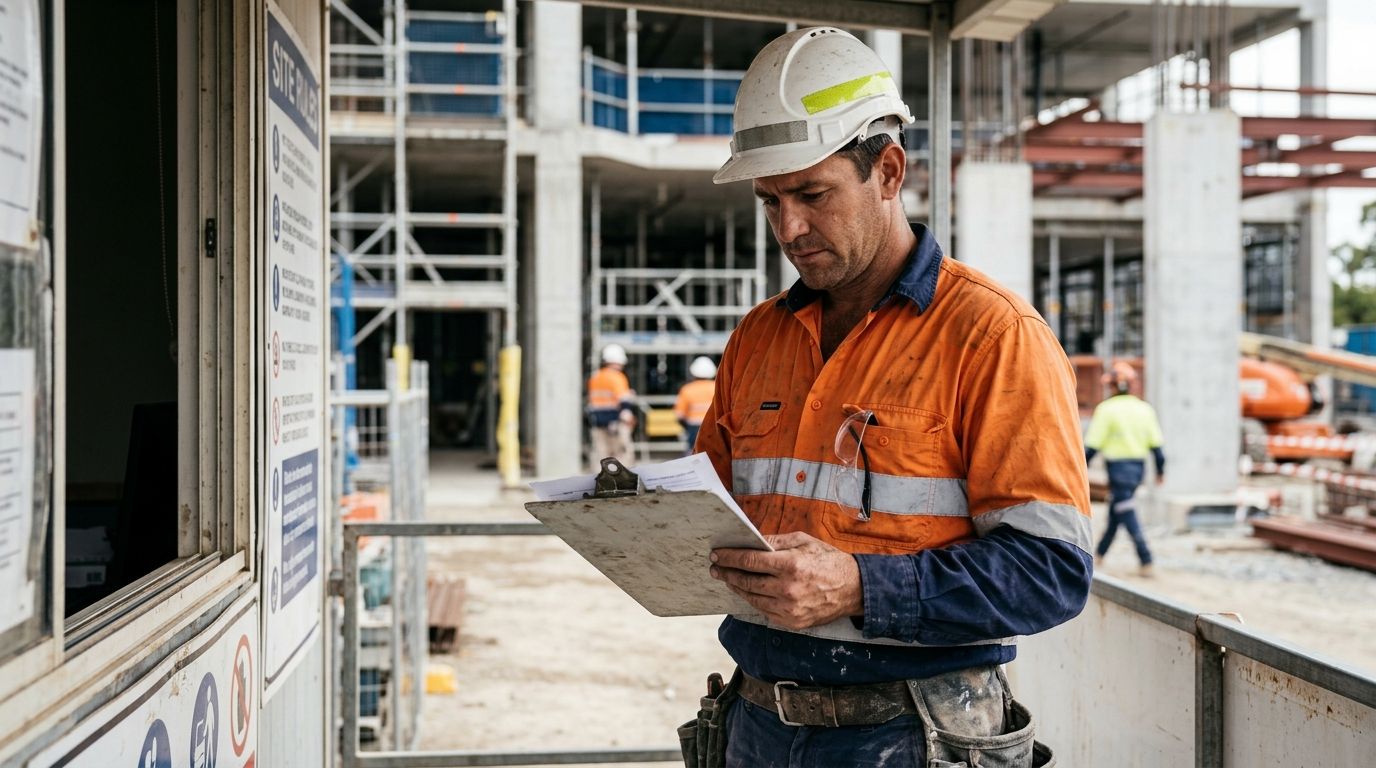 Australian electrician in high-vis gear reviewing site induction paperwork at a commercial construction site