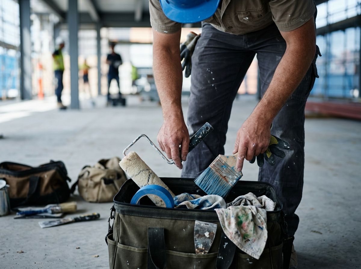 Close-up of a painter packing up professional brushes and tools on an Australian construction site