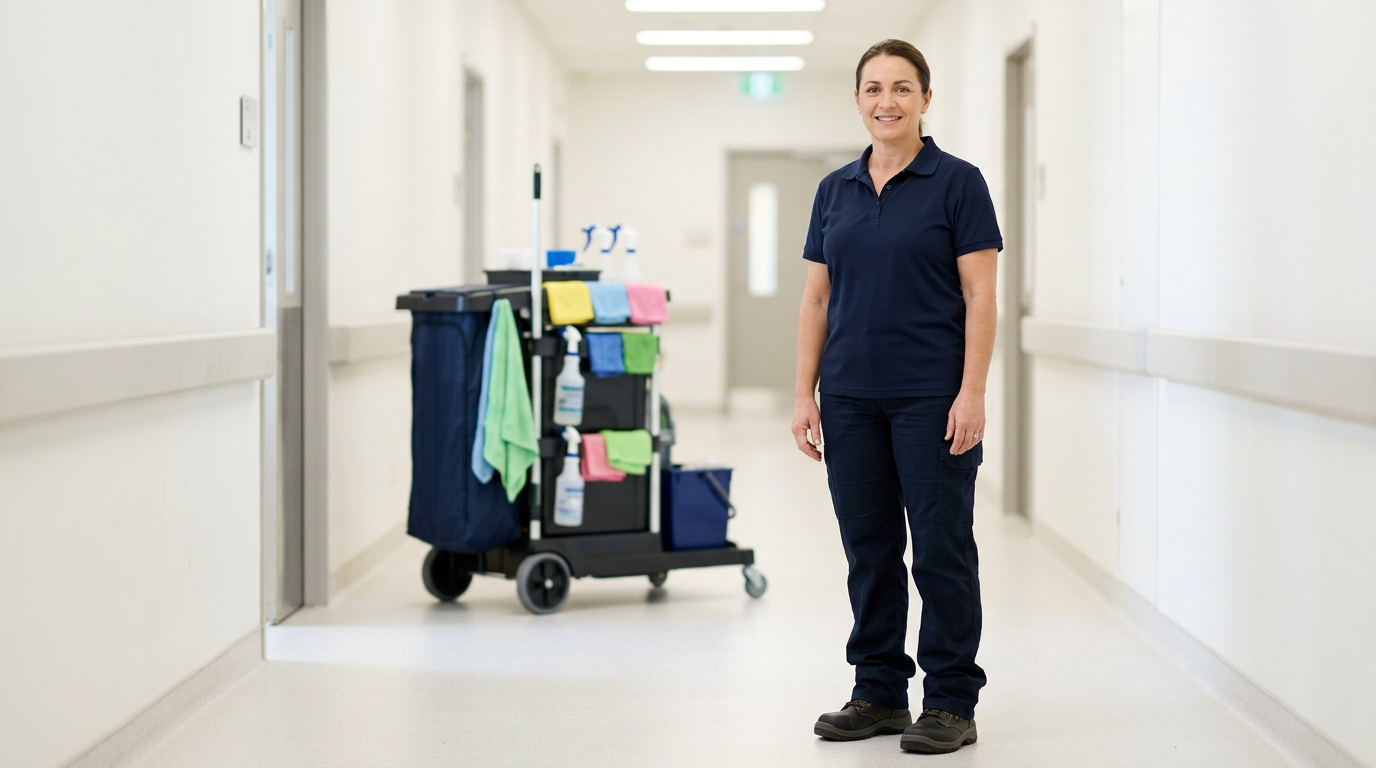 An experienced Australian cleaning professional in a healthcare setting, reflecting RPL it pathway options.