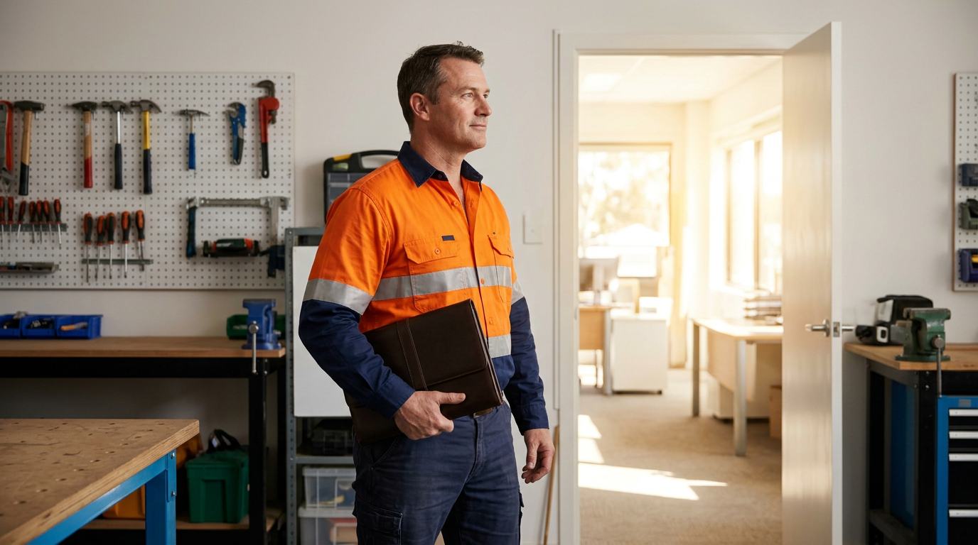 Experienced Australian worker holding a portfolio at an open office door - the RPL certificate reframe
