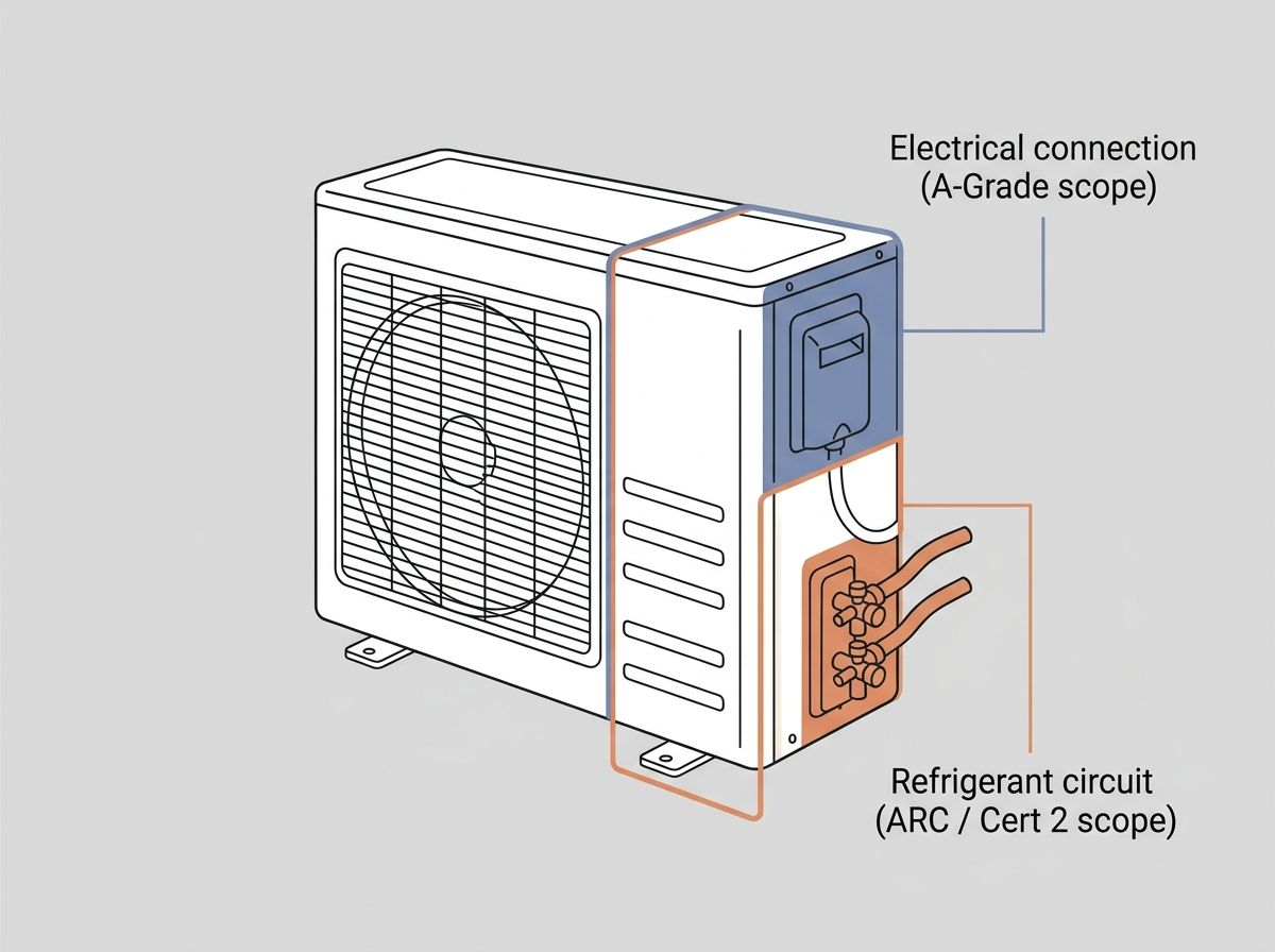 Technical diagram showing the split system outdoor unit boundary between electrical and refrigerant scopes