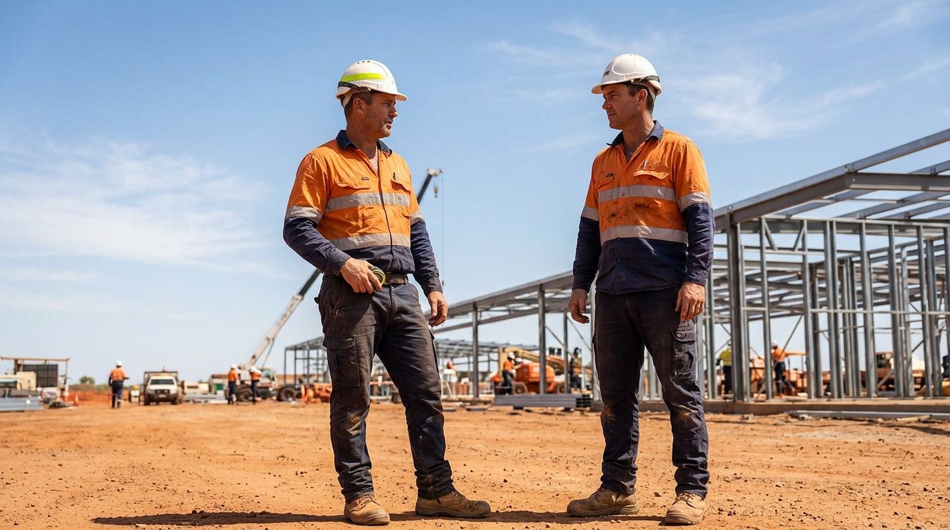 Experienced tradesperson in high-vis gear on a dusty Northern Territory construction site with structural steel.
